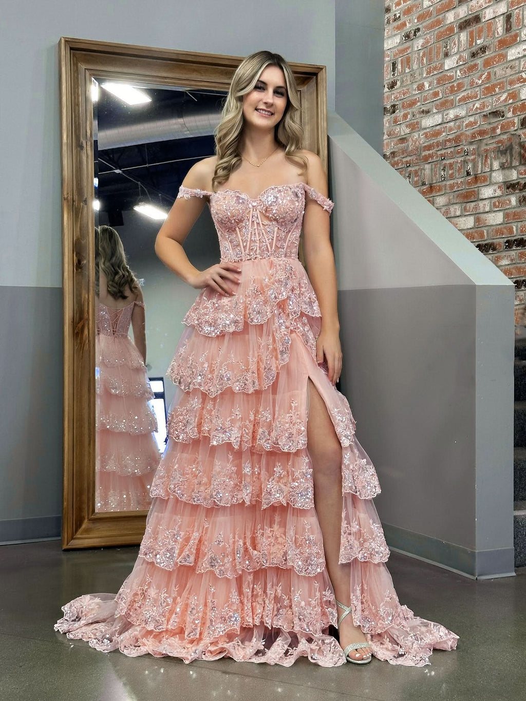 Lovely Pink Princess A-Line Off-the-Shoulder Corset Prom Dress with Lace Ruffles BM bride