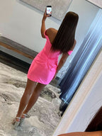 Stylish Off-the-Shoulder Short Satin Homecoming Dress BM bride