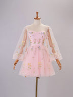 Charming Sweetheart Embroidery Short-Length Tulle Puff Sleeves Cocktail Dress BM bride