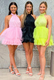 Halter Pink Tulle Short Homecoming Dress with Ruffles BM bride