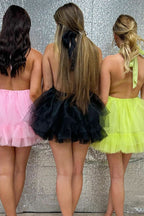 Halter Pink Tulle Short Homecoming Dress with Ruffles BM bride