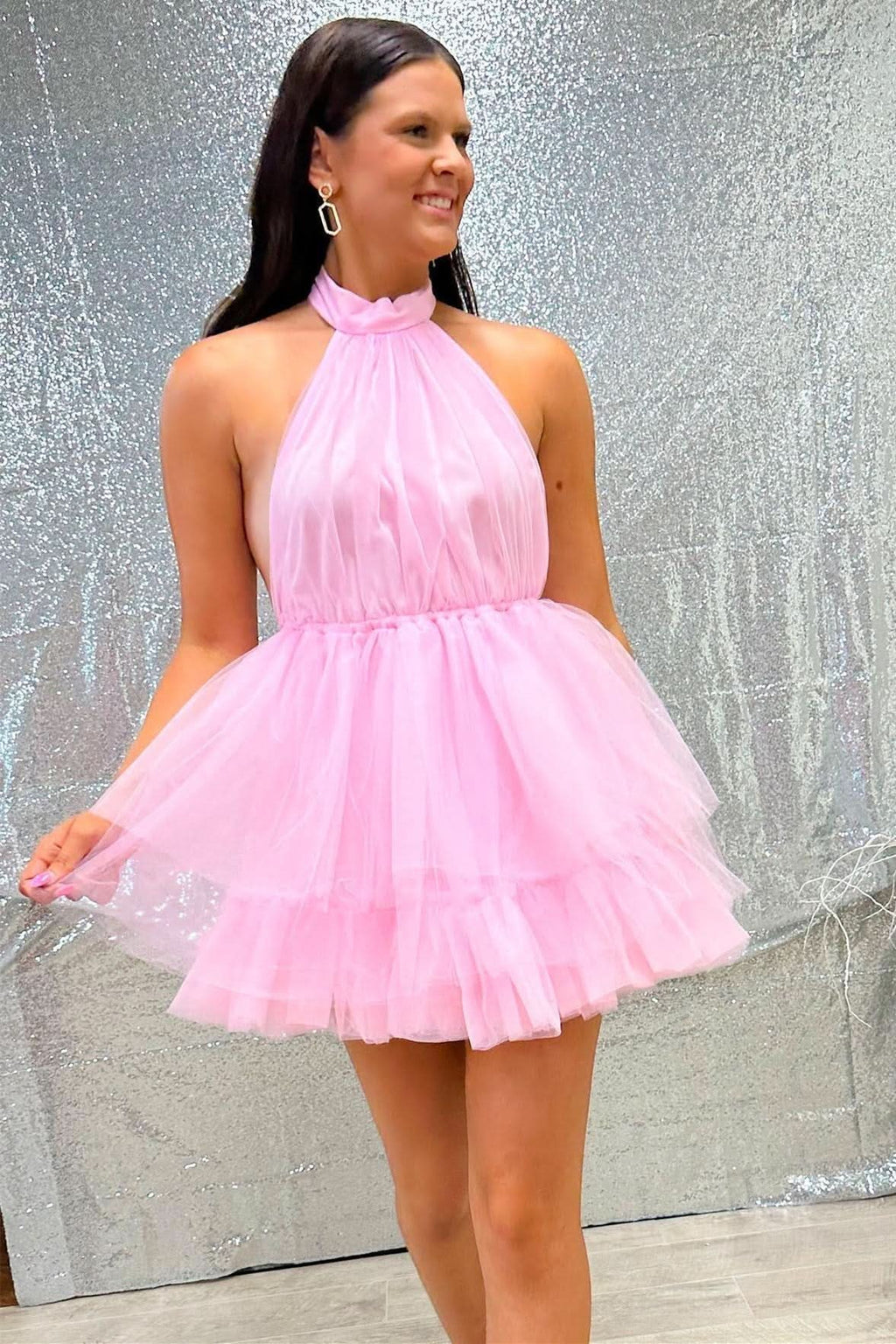 Halter Pink Tulle Short Homecoming Dress with Ruffles BM bride