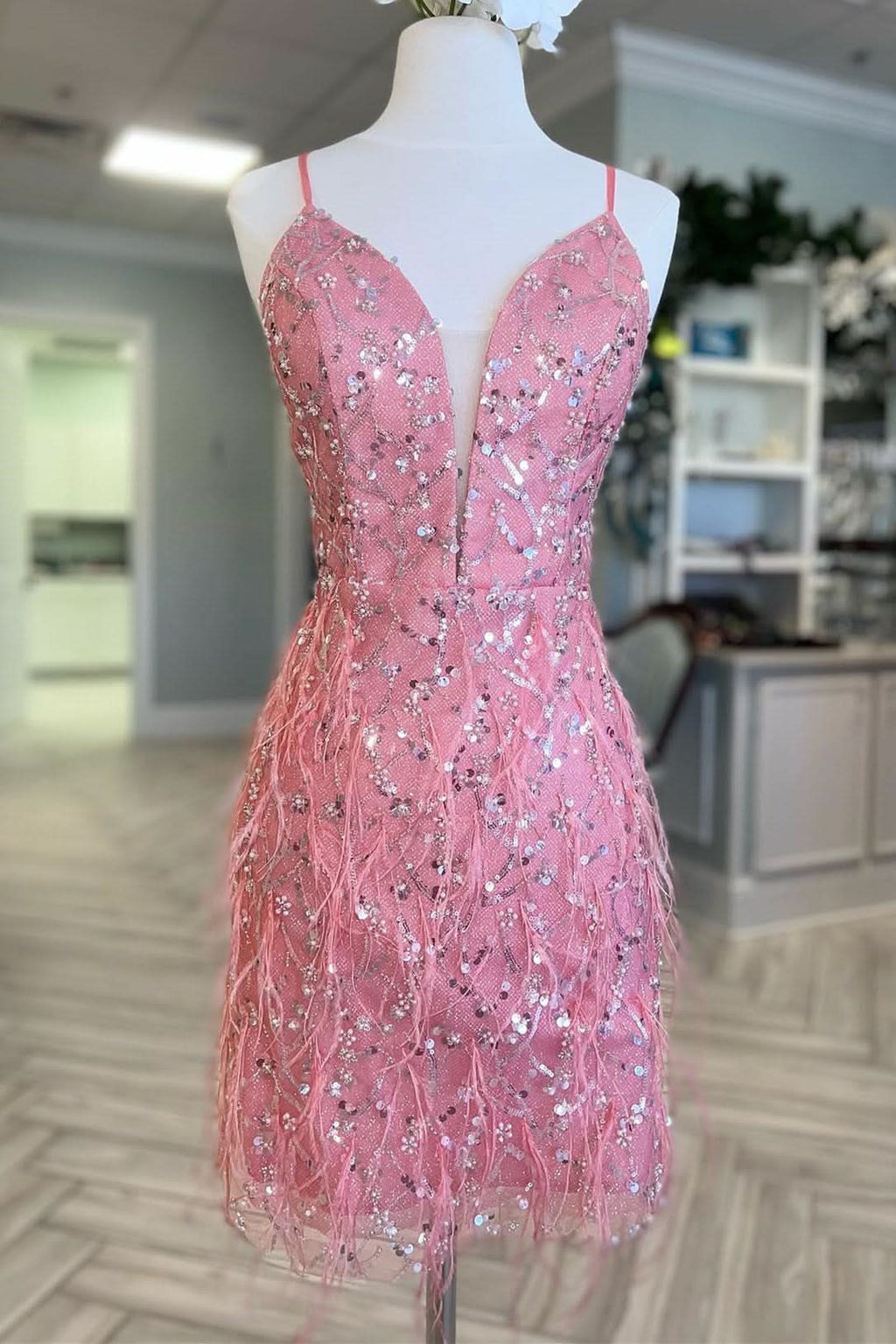 Tulle Sequin Plunge V Neck Short Cocktail Dress with Feathers in Pink BM bride