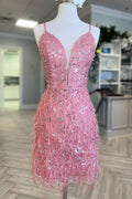 Tulle Sequin Plunge V Neck Short Cocktail Dress with Feathers in Pink BM bride