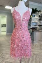 Tulle Sequin Plunge V Neck Short Cocktail Dress with Feathers in Pink BM bride