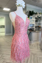 Tulle Sequin Plunge V Neck Short Cocktail Dress with Feathers in Pink BM bride