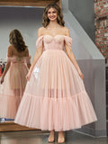 Nova | A-Line Rose Pink Tulle Sweetheart Tea-Length Prom Dress BM bride
