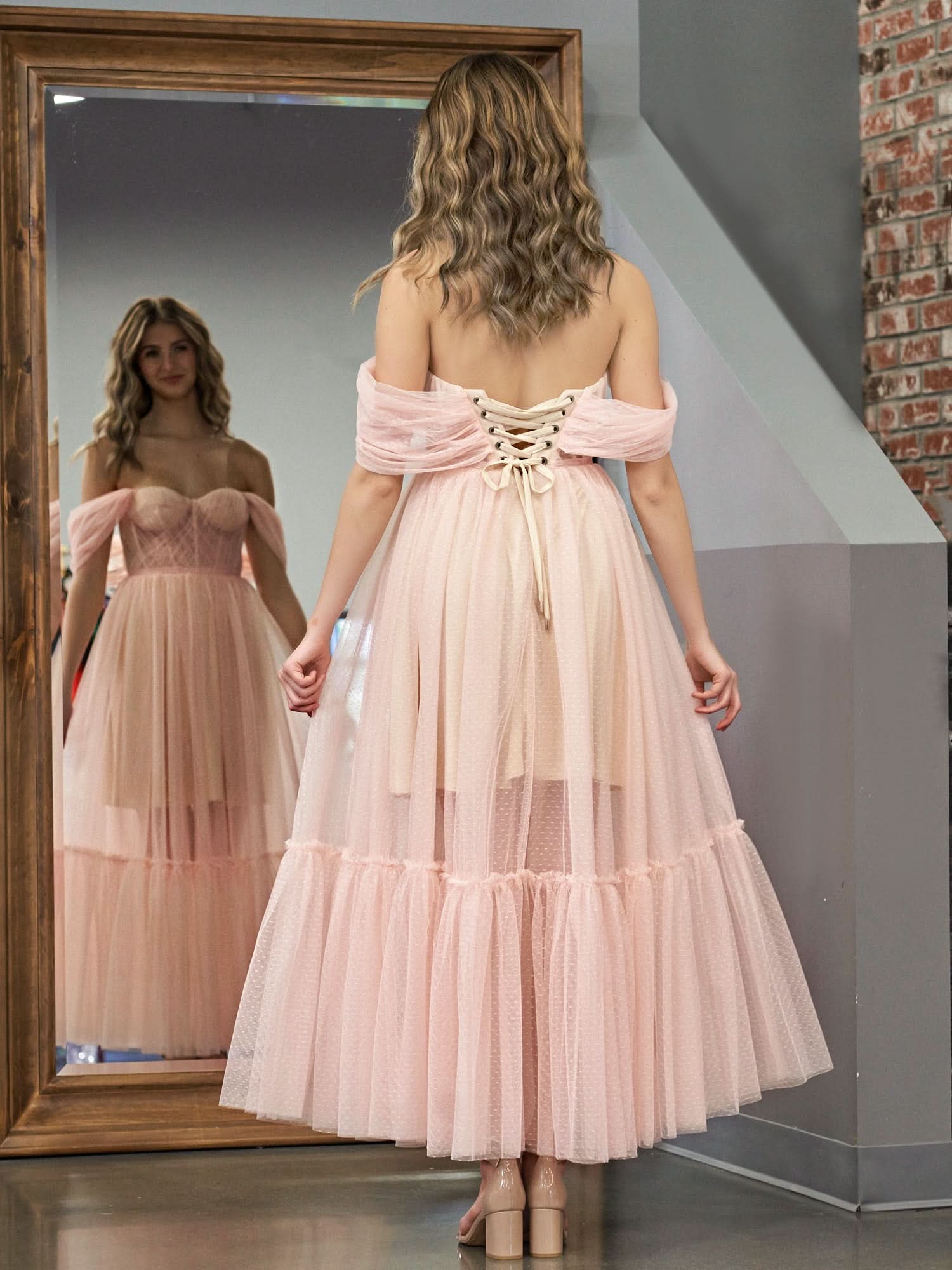 Nova | A-Line Rose Pink Tulle Sweetheart Tea-Length Prom Dress BM bride