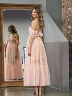 Nova | A-Line Rose Pink Tulle Sweetheart Tea-Length Prom Dress BM bride