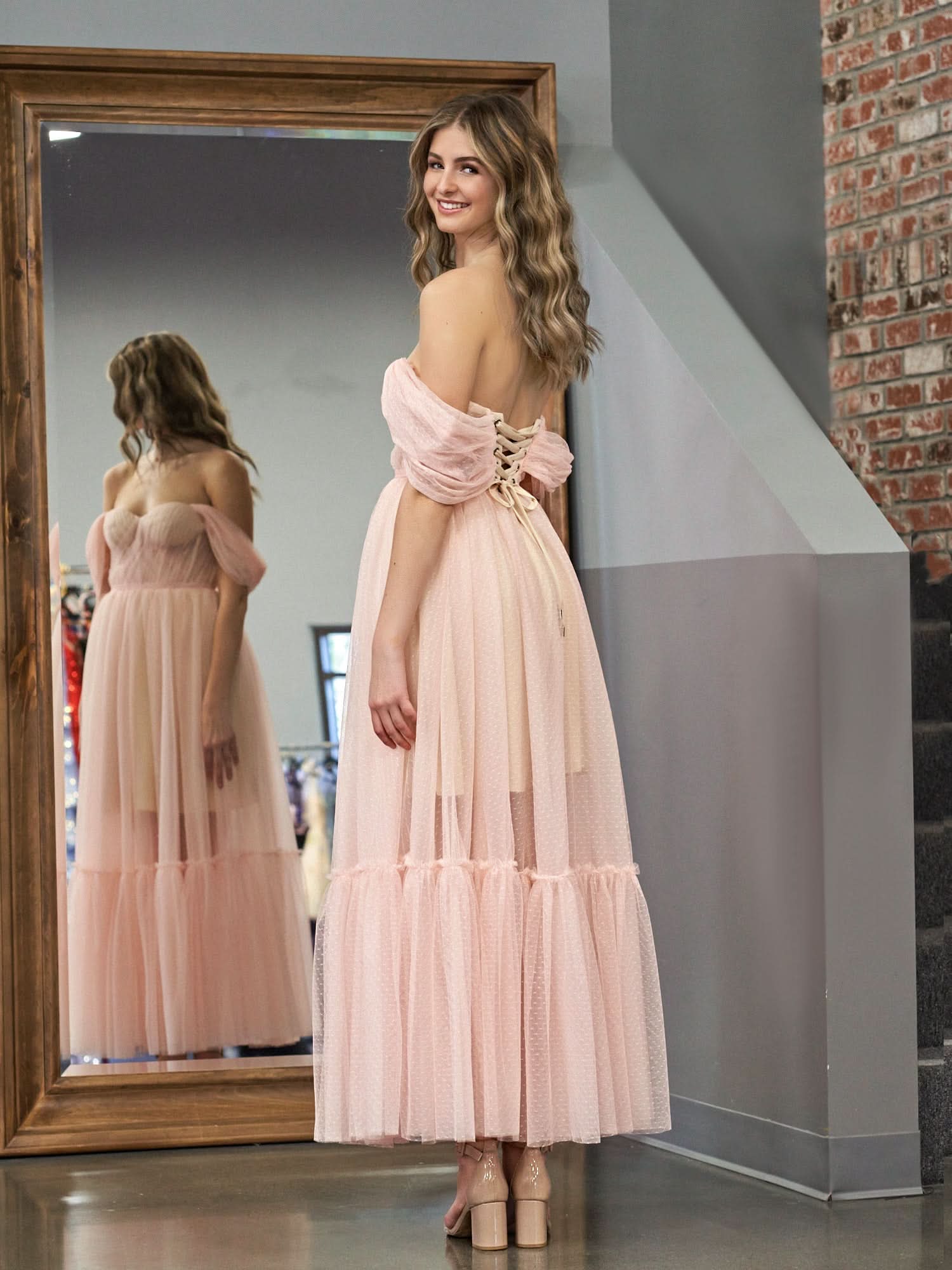 Nova | A-Line Rose Pink Tulle Sweetheart Tea-Length Prom Dress BM bride