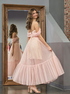 Nova | A-Line Rose Pink Tulle Sweetheart Tea-Length Prom Dress BM bride
