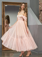 Nova | A-Line Rose Pink Tulle Sweetheart Tea-Length Prom Dress BM bride