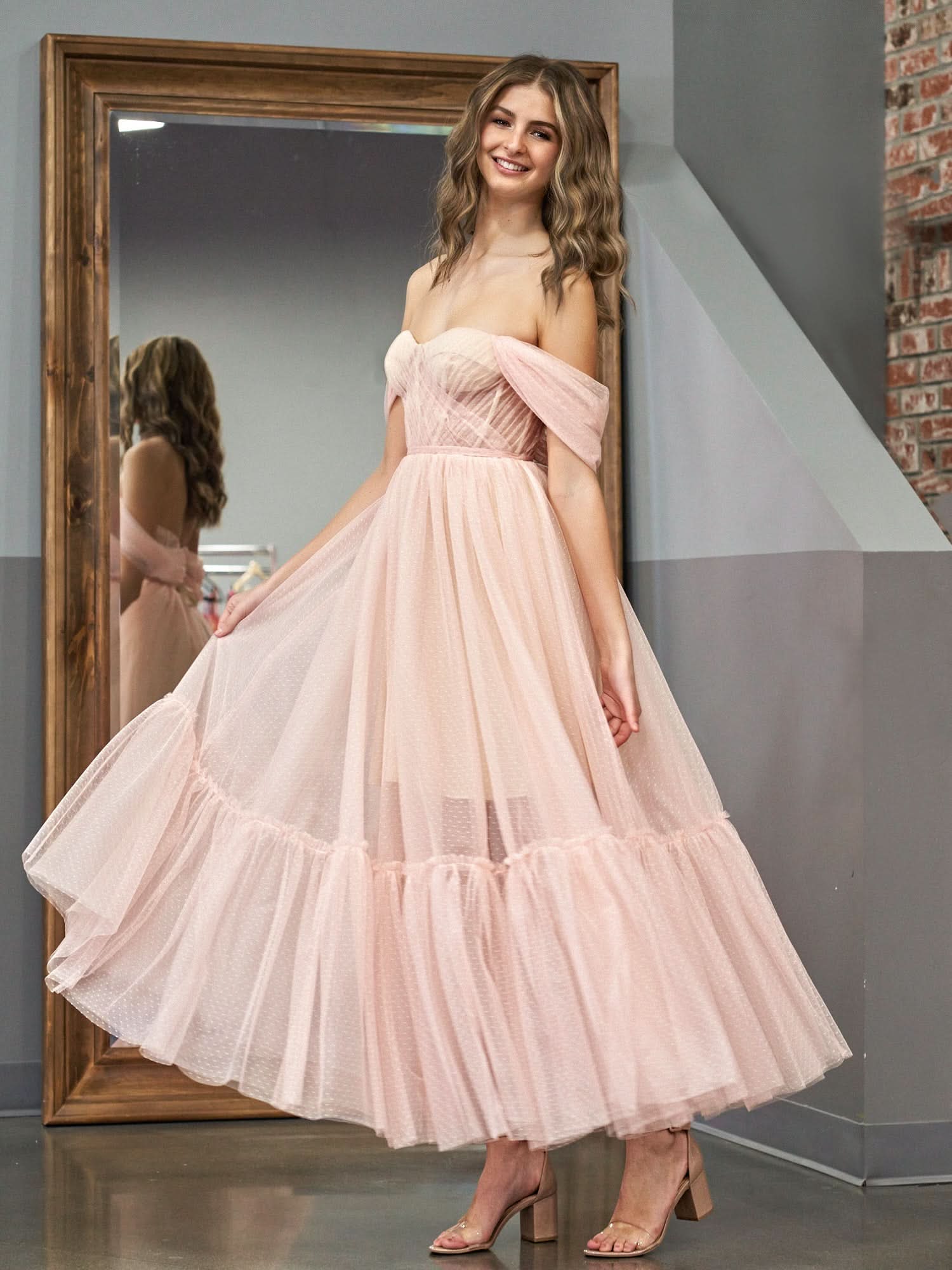 Nova | A-Line Rose Pink Tulle Sweetheart Tea-Length Prom Dress BM bride