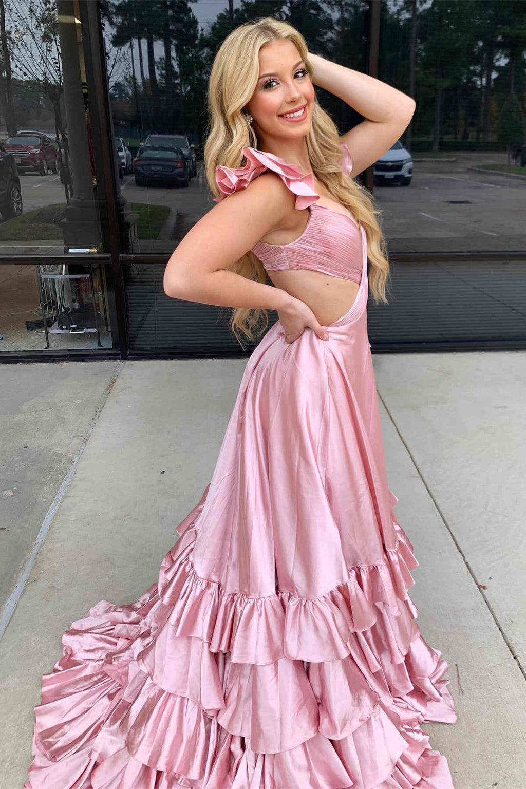 Bold Red Cutout Ruffle A-Line Long Prom Dress with Slit BM bride