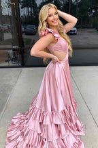 Bold Red Cutout Ruffle A-Line Long Prom Dress with Slit BM bride