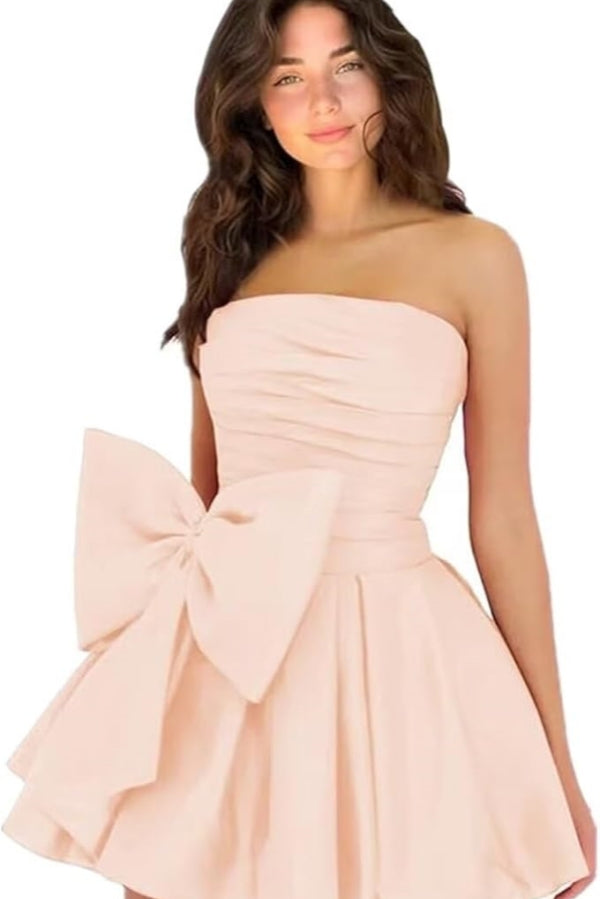 Simple Sleeveless Ruched Mini Homecoming Dress with Bow, Perfect for Any Party BM bride