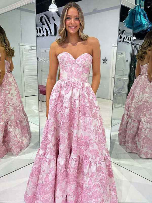 Pink A Line Sweetheart Floral Strapless Long Prom Dress BMBRIDE