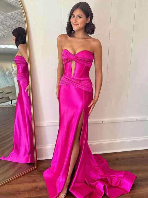 Navy Mermaid Strapless Corset Bodice Prom Dress with Slit BMBRIDE