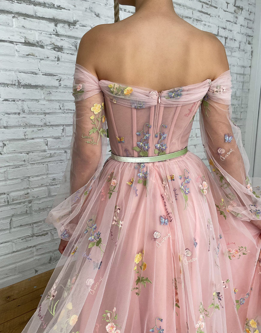 Romantic A-Line Light Pink Embroidery Off-the-Shoulder Prom Dress BM bride