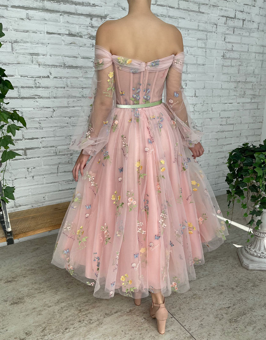 Romantic A-Line Light Pink Embroidery Off-the-Shoulder Prom Dress BM bride