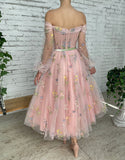 Romantic A-Line Light Pink Embroidery Off-the-Shoulder Prom Dress BM bride