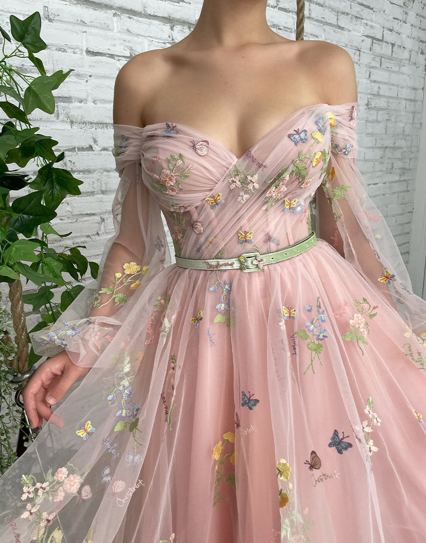 Romantic A-Line Light Pink Embroidery Off-the-Shoulder Prom Dress BM bride