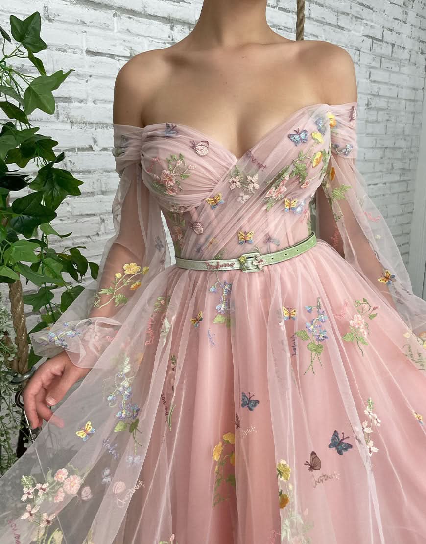 Romantic A-Line Light Pink Embroidery Off-the-Shoulder Prom Dress BM bride