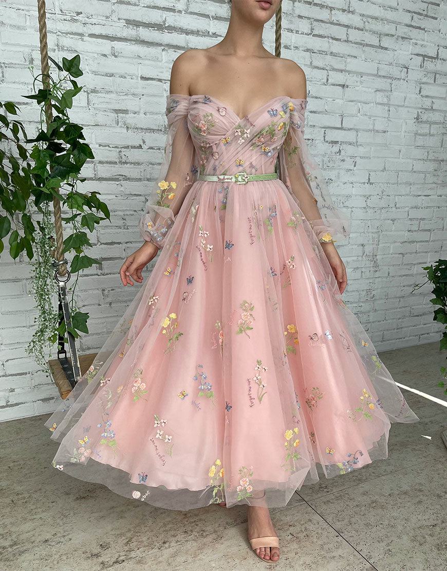 Romantic A-Line Light Pink Embroidery Off-the-Shoulder Prom Dress BM bride