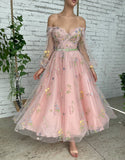 Romantic A-Line Light Pink Embroidery Off-the-Shoulder Prom Dress BM bride