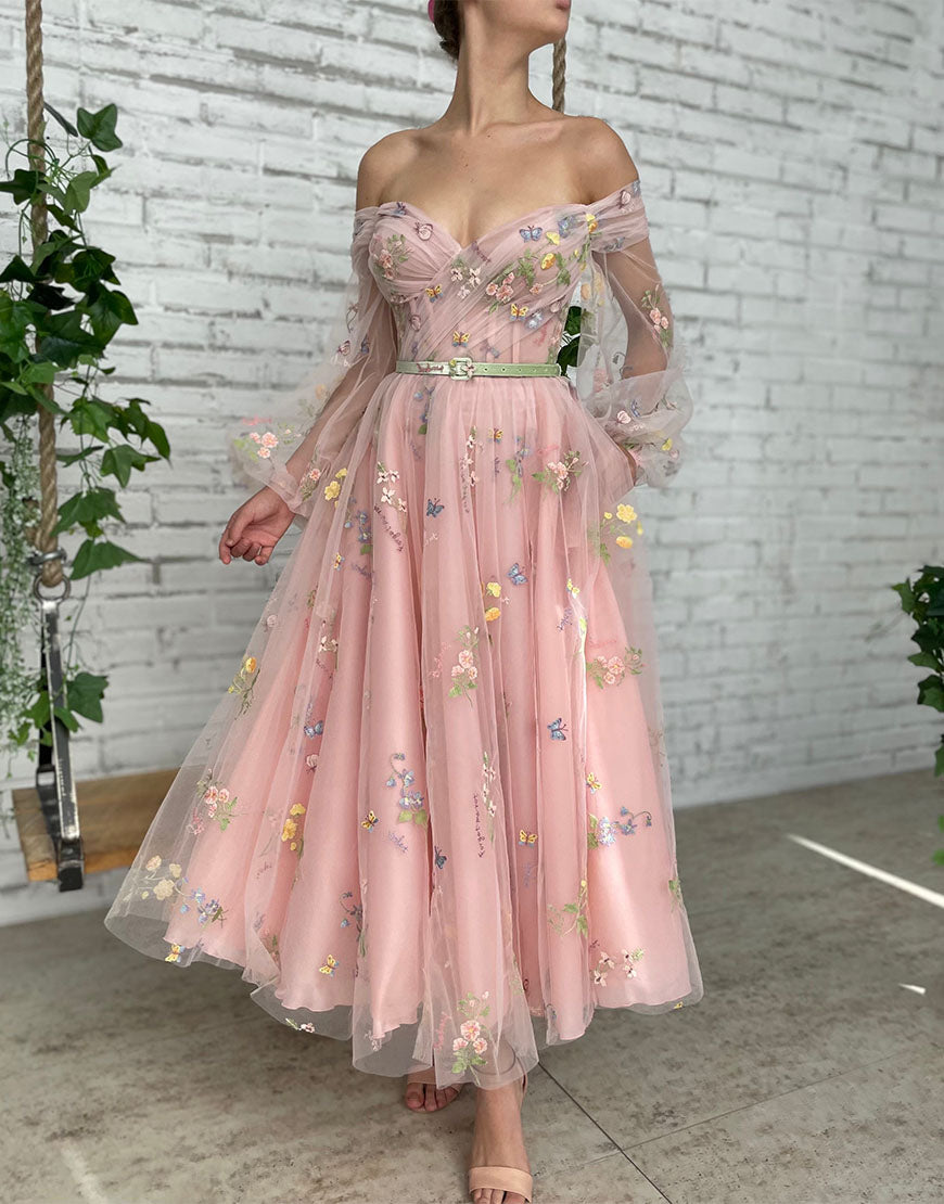 Romantic A-Line Light Pink Embroidery Off-the-Shoulder Prom Dress BM bride