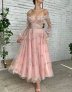 Romantic A-Line Light Pink Embroidery Off-the-Shoulder Prom Dress BM bride