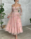 Romantic A-Line Light Pink Embroidery Off-the-Shoulder Prom Dress BM bride