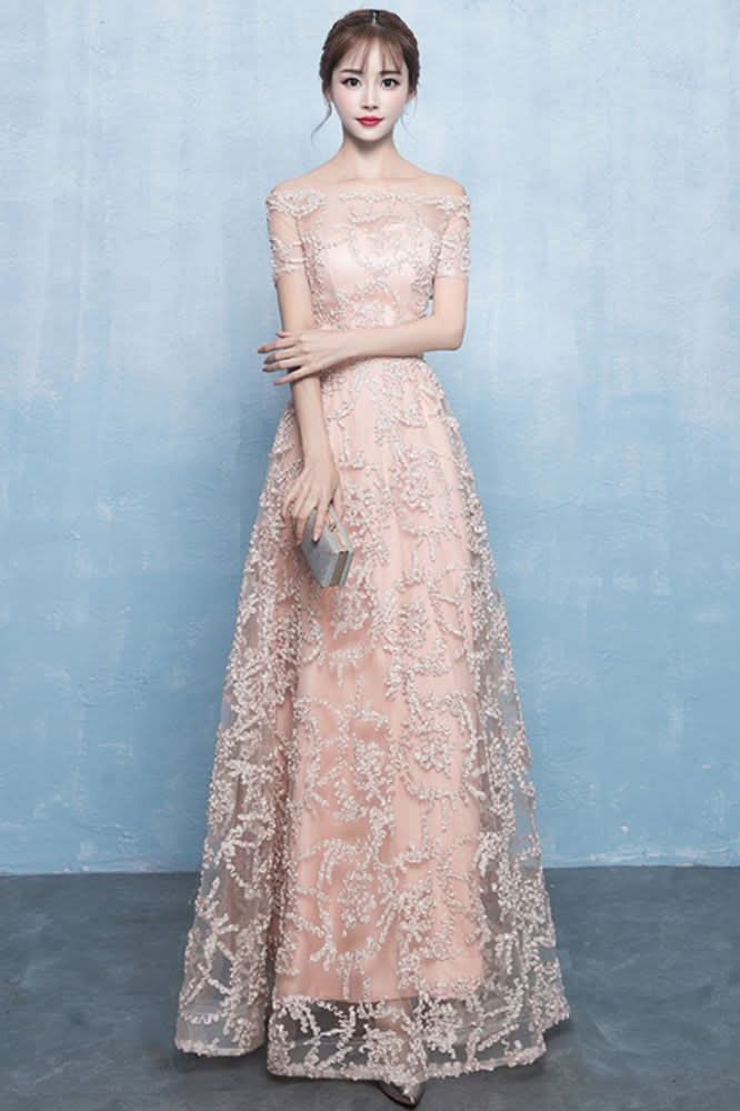 BMbride Plus Size A-line Off-the-shoulder Short Sleeves Long Beading Appliques Prom/Formal Evening Dresses BMbride