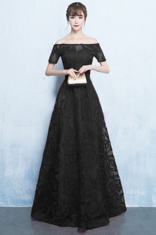 BMbride Plus Size A-line Off-the-shoulder Short Sleeves Long Beading Appliques Prom/Formal Evening Dresses BMbride