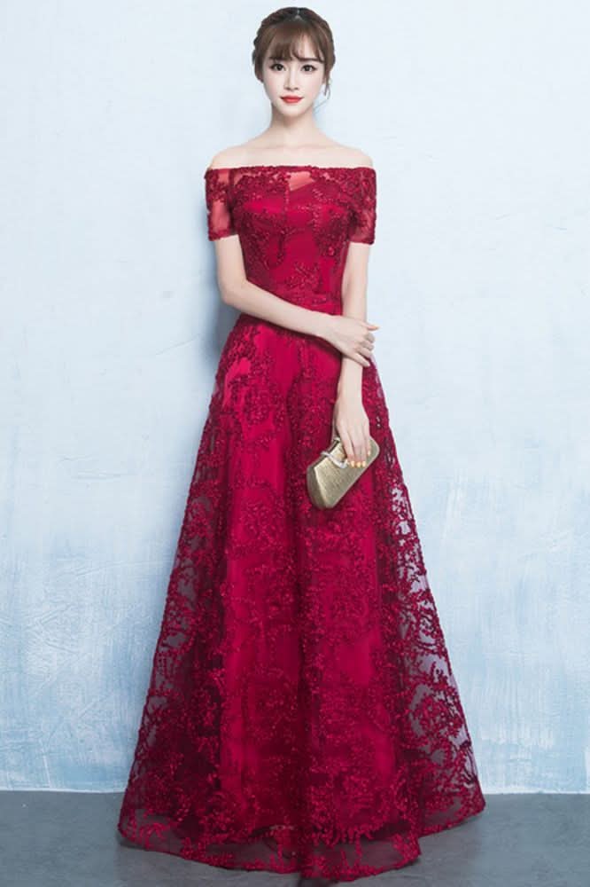 BMbride Plus Size A-line Off-the-shoulder Short Sleeves Long Beading Appliques Prom/Formal Evening Dresses BMbride