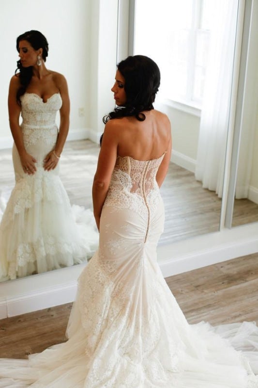 Plus Size Sweetheart Pretty Mermaid Backless Tiered Lace Tulle Graceful Wedding Dresses BM bride