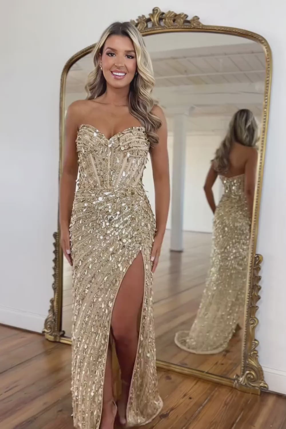 Sparkly Gold Mermaid Sequins Sweetheart Long Corset Prom Dress with Slit
