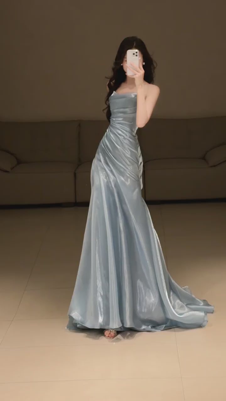 Dusty Blue Pleated Premium water-light satin Mermaid Gown with Sweeping Train