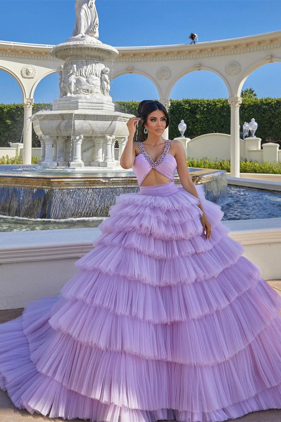 BMbride Princess A-line Lilac Straps Ruffles Sleeveless Prom Dress BMbride