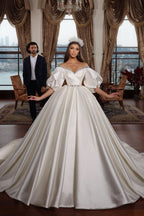 BMbride Princess Long Ivory A-line V-neck Jewel Wedding Dress With Long Sleeves BMbride