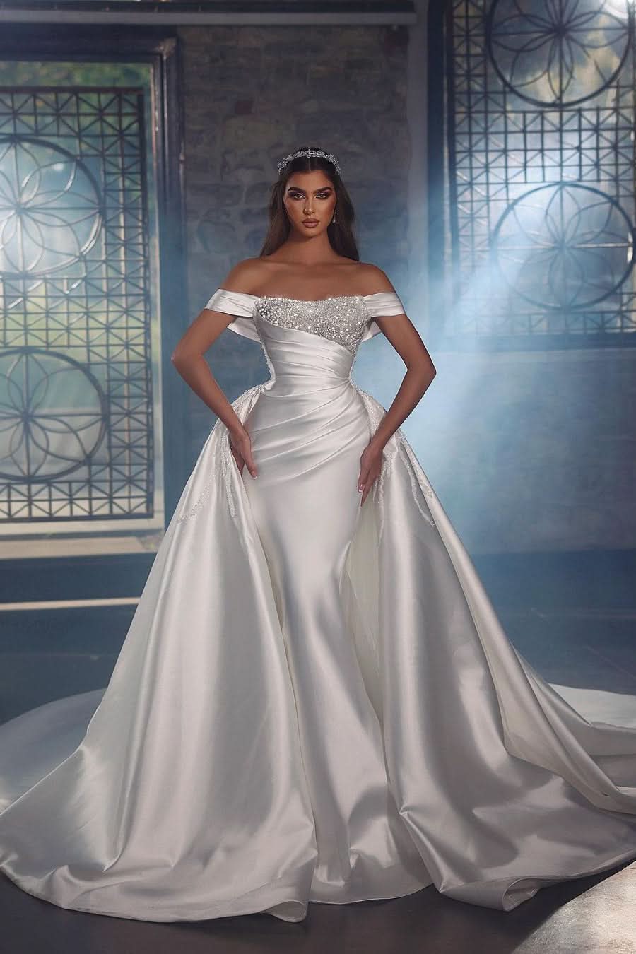 BMbride Princess Long White A-line Off-the-shoulder Lace Beading Wedding Dress With Detachable Train BMbride