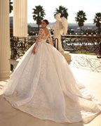 BMbride Princess Long White A-line V-neck Lace Wedding Dress With Long Sleeves BMbride