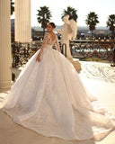 BMbride Princess Long White A-line V-neck Lace Wedding Dress With Long Sleeves BMbride