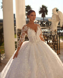 BMbride Princess Long White A-line V-neck Lace Wedding Dress With Long Sleeves BMbride