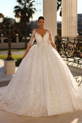 BMbride Princess Long White A-line V-neck Lace Wedding Dress With Long Sleeves BMbride