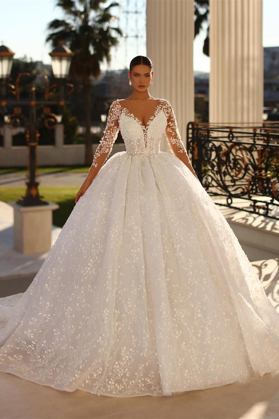 BMbride Princess Long White A-line V-neck Lace Wedding Dress With Long Sleeves BMbride