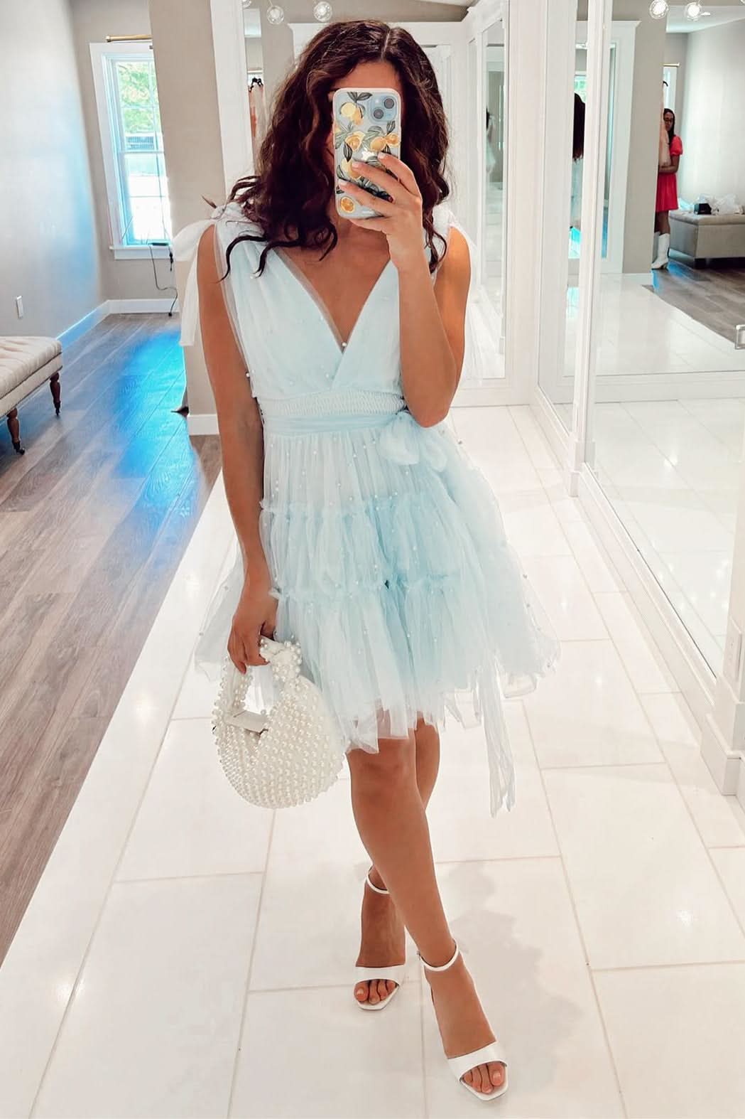 Delicate Blush Tulle A-Line Homecoming Dress Adorned with Pearls BM bride