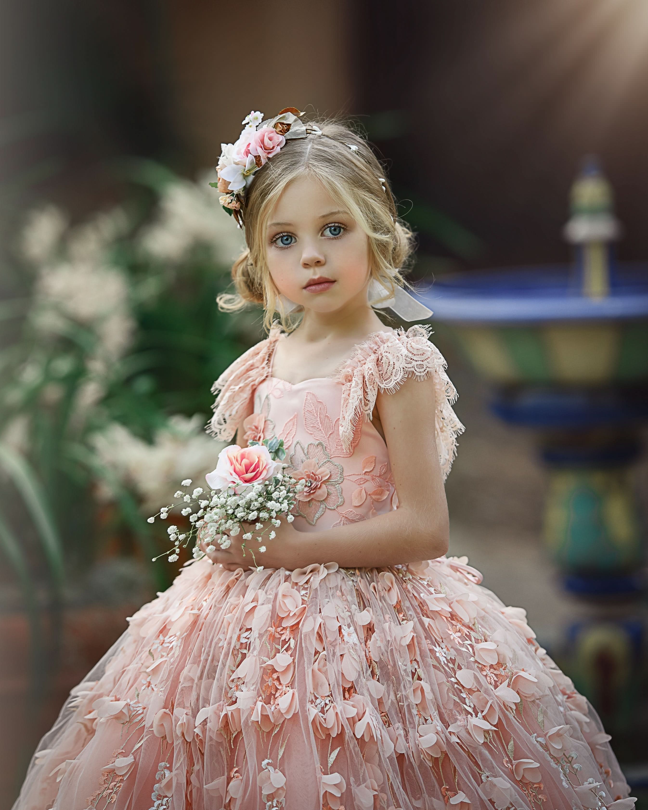 BMbride Princess Pink A-line Cap Sleeves Lace Flower Girls Dress BMbride