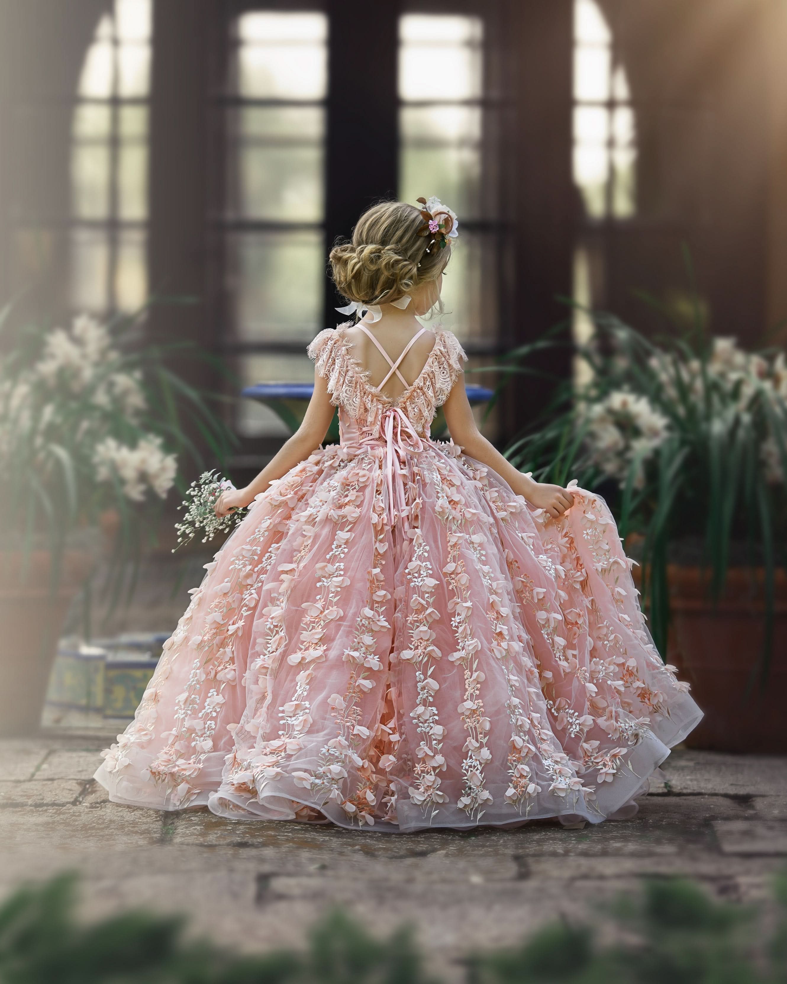 BMbride Princess Pink A-line Cap Sleeves Lace Flower Girls Dress BMbride