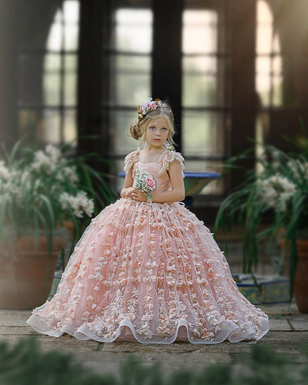BMbride Princess Pink A-line Cap Sleeves Lace Flower Girls Dress BMbride